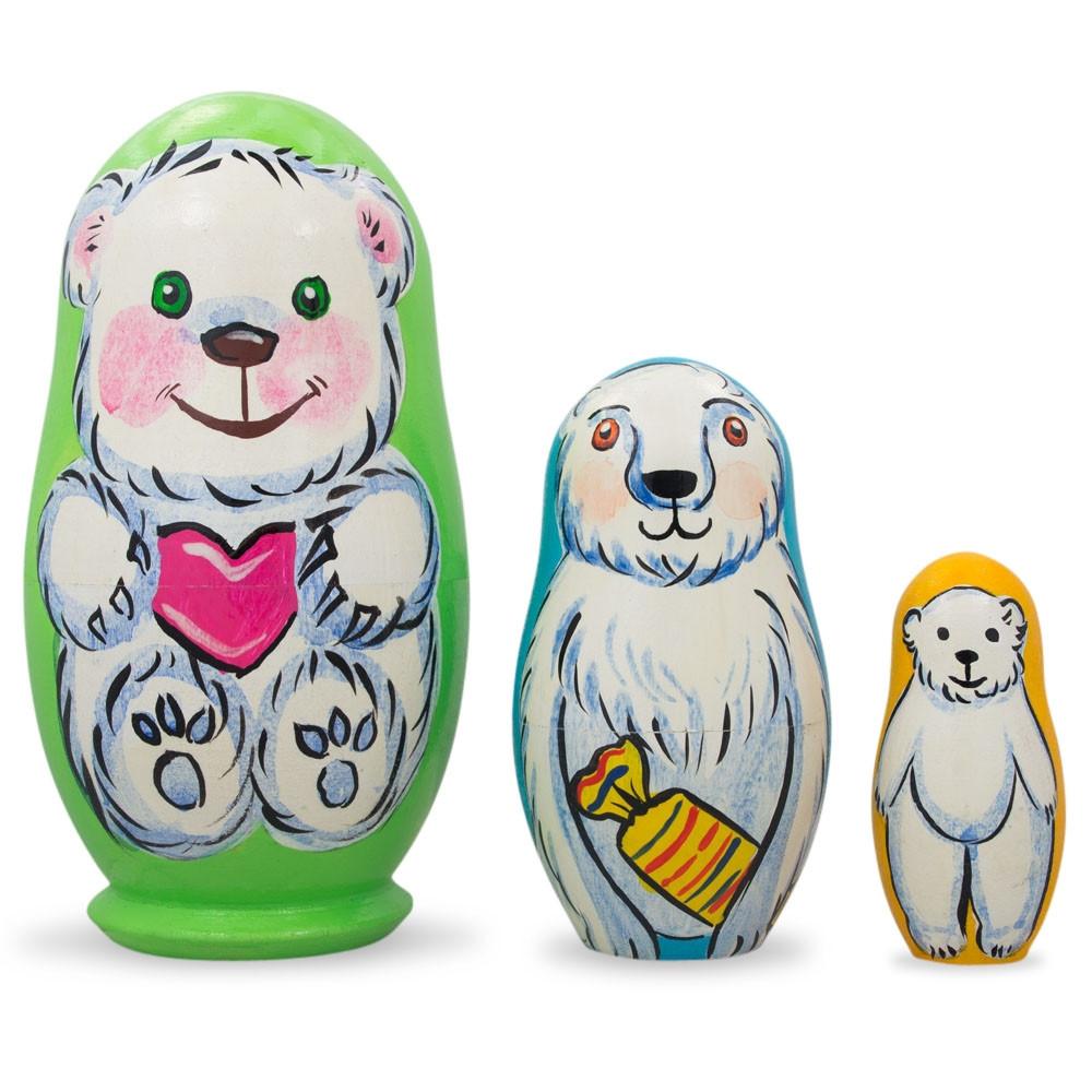 Set of 3 Bears with Heart Wooden Nesting Dolls 4.25 Inches in Multi color