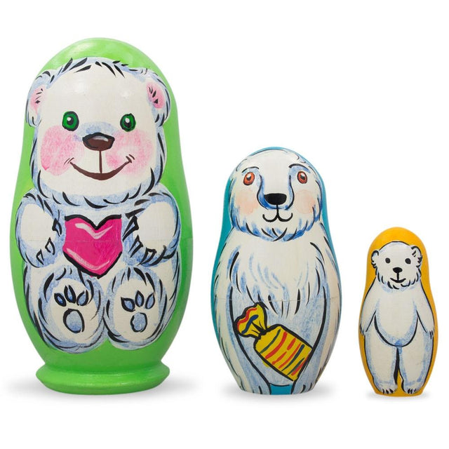 Wood Set of 3 Bears with Heart Wooden Nesting Dolls 4.25 Inches in Multi color