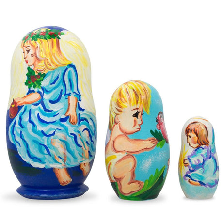 Set of 3 Baby Angels Wooden Nesting Dolls 4.25 Inches in Multi color,  shape