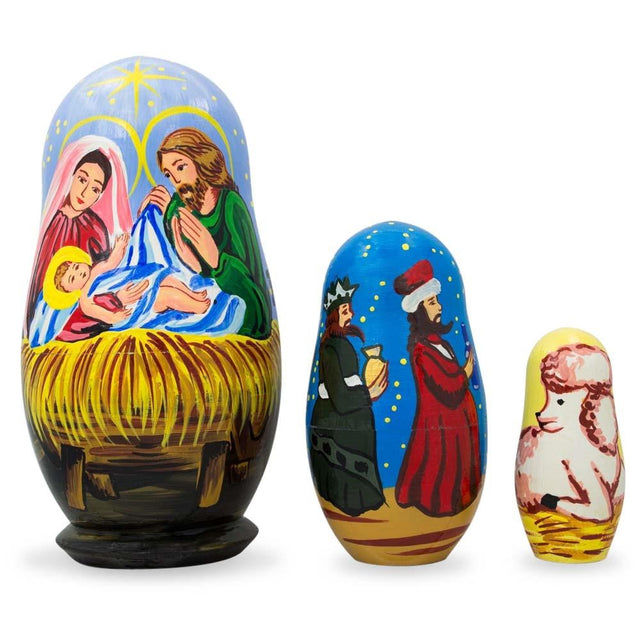 Set of 3 Nativity Scene- Jesus, Mary, Wisemen Nesting Dolls 4.25 Inches in Multi color,  shape