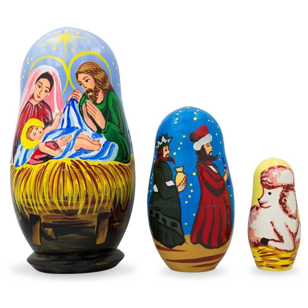Wood Set of 3 Nativity Scene- Jesus, Mary, Wisemen Nesting Dolls 4.25 Inches in Multi color