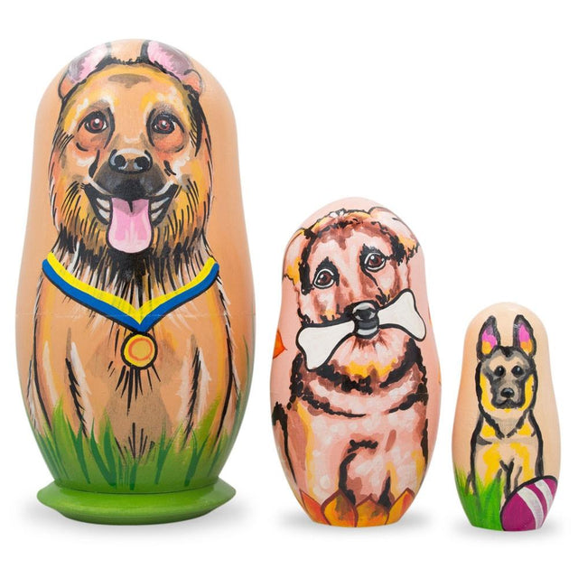 Set of 3 German Shepherd Dogs Wooden Nesting Dolls 4.25 Inches in Multi color