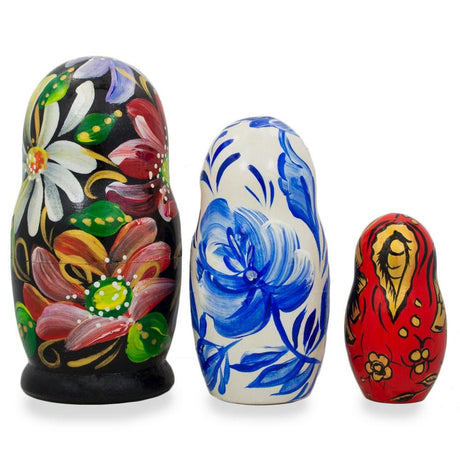 Set of 3 Khokhloma Flowers Wooden Nesting Dolls 4.25 Inches in Multi color