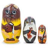 Wood Set of 3 Cats with Milk and Fish Wooden Nesting Dolls 4.25 Inches in Multi color