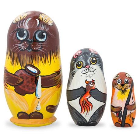 Set of 3 Cats with Milk and Fish Wooden Nesting Dolls 4.25 Inches in Multi color