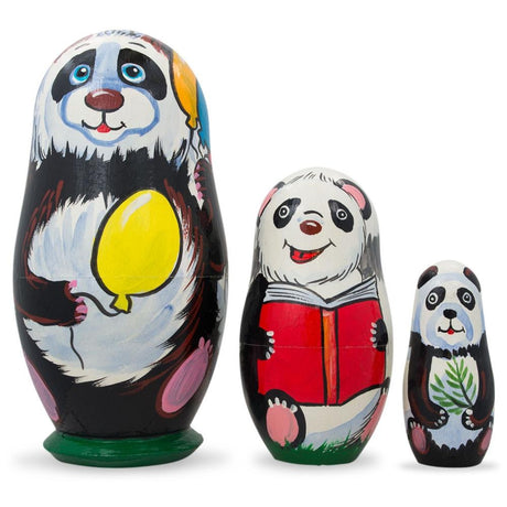Set of 3 Panda Bears Family Wooden Nesting Dolls 4.25 Inches in Multi color