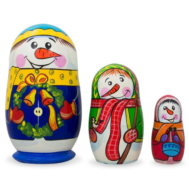 Set of 3 Snowman Family Wooden Nesting Dolls 4.25 Inches in Multi color,  shape
