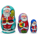 Wood Set of 3 Santa Claus with Gifts Wooden Nesting Dolls Figurines 4.25 Inches in Multi color