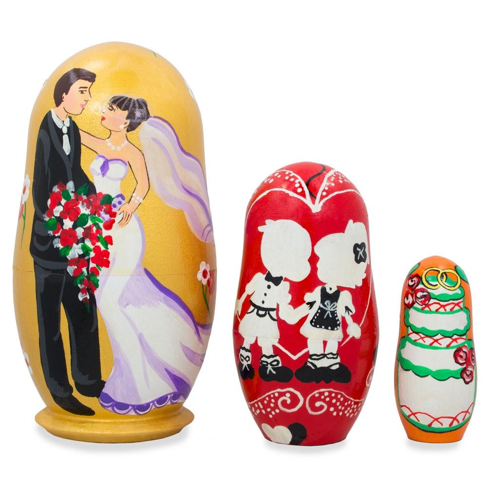 Set of 3 Wedding Couple in Love Wooden Nesting Dolls 4.25 Inches in Multi color,  shape