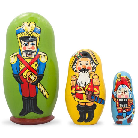 Wood Set of 3 Nutcracker Soldiers Wooden Nesting Dolls 4.25 Inches in Multi color