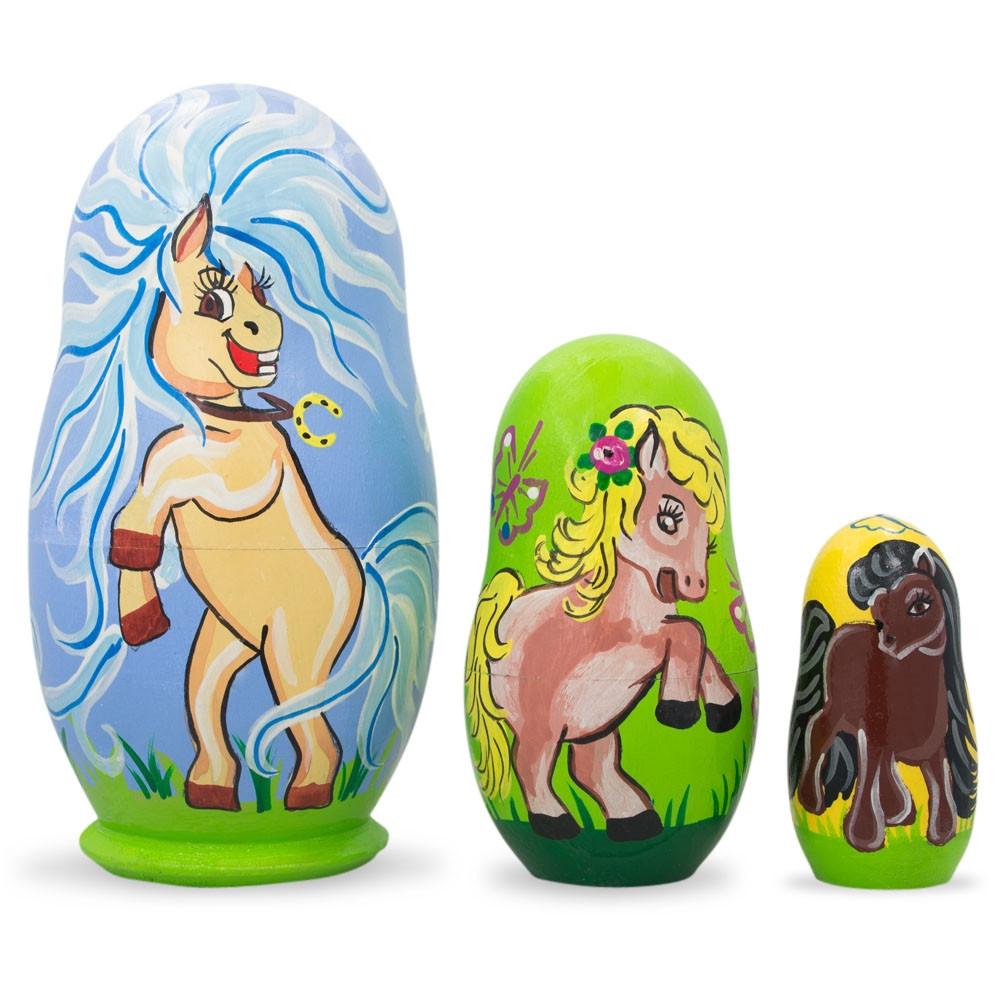 Wood Set of 3 Pony Horses Wooden Nesting Dolls 4.25 Inches in Multi color