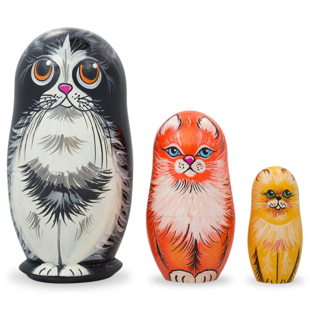 Set of 3 Black, Red & Yellow Cats Wooden Nesting Dolls 4.25 Inches in Multi color