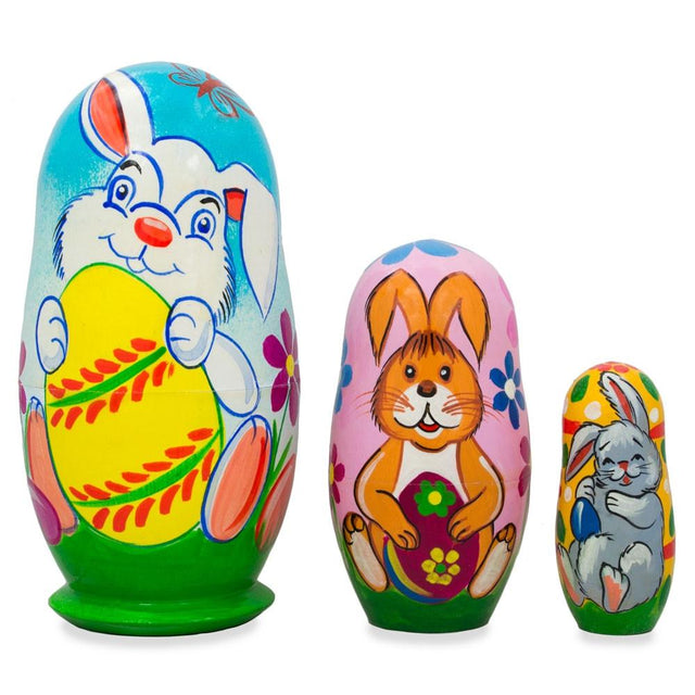 Wood Set of 3 Bunnies and Easter Eggs Wooden Nesting Dolls 4.25 Inches in Multi color