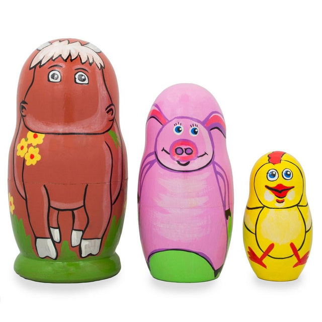 Set of 3 Cow, Pig and Chicken Wooden Nesting Dolls 4.25 Inches in Multi color,  shape