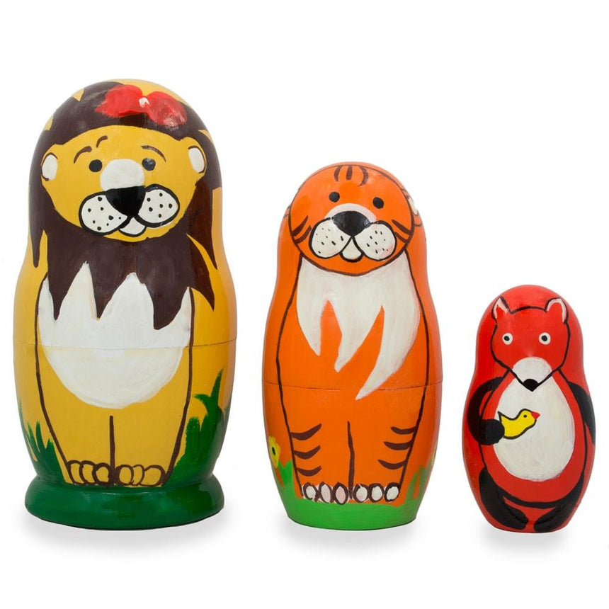 Set of 3 Lion, Tiger, and Fox Wooden Nesting Dolls 4.25 Inches in Multi color