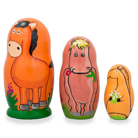 Set of 3 Horses with Flowers Wooden Nesting Dolls 4.25 Inches in Multi color