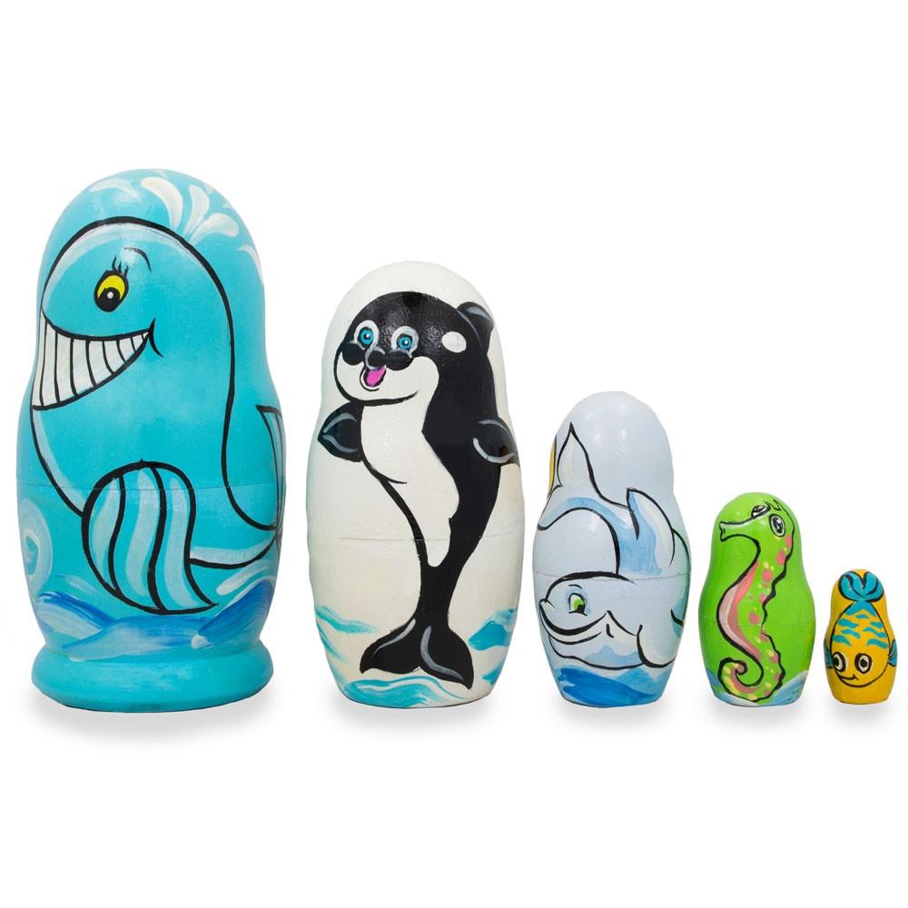 Wood Set of 5 Dolphin, Whale, Seahorse Wooden Sea Animals Nesting Dolls 4.25 Inches in Multi color