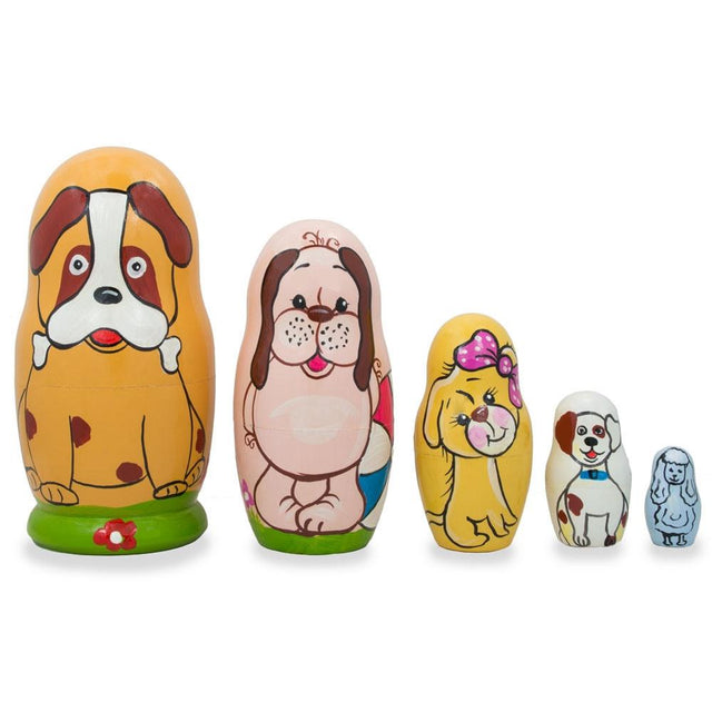 Wood Set of 5 Dogs and Puppies Wooden Nesting Dolls 4.25 Inches in Multi color