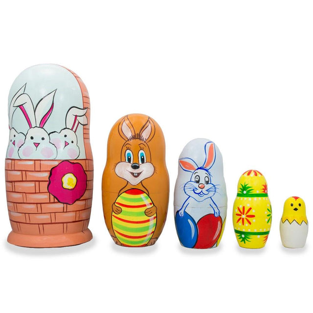 5 Bunnies, Chick with Easter Eggs Wicker Basket Wooden Nesting Dolls 6 Inches in Multi color,  shape