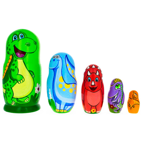 Wood Set of 5 Dinosaurs Wooden Nesting Dolls 6 Inches in Multi color