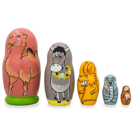 Set of 5 Camel, Donkey, Snake Wooden Animal Nesting Dolls 4.25 Inches in Multi color