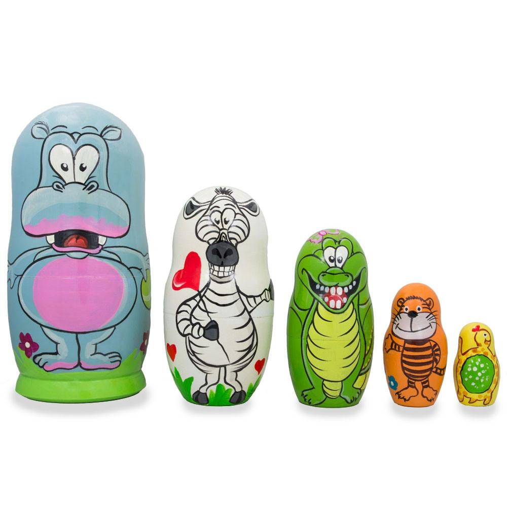 Wood Set of 5 Hippo, Zebra and Tiger Wooden Animal Nesting Dolls 6 Inches in Multi color