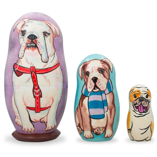Set of 3 Friendly Bulldogs Wooden Nesting Dolls 4.25 Inches in Multi color,  shape