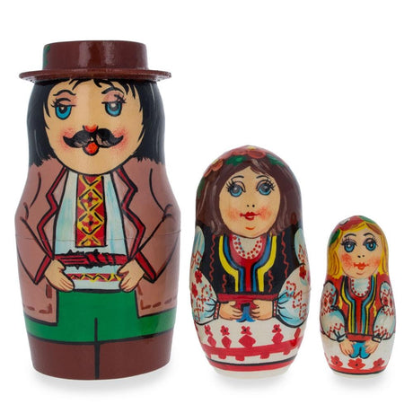 Wood Set of 3 Ukrainian Hutsuls Family Wooden Nesting Dolls 4.5 Inches in Multi color