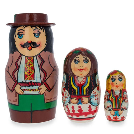 Set of 3 Ukrainian Hutsuls Family Wooden Nesting Dolls 4.5 Inches in Multi color