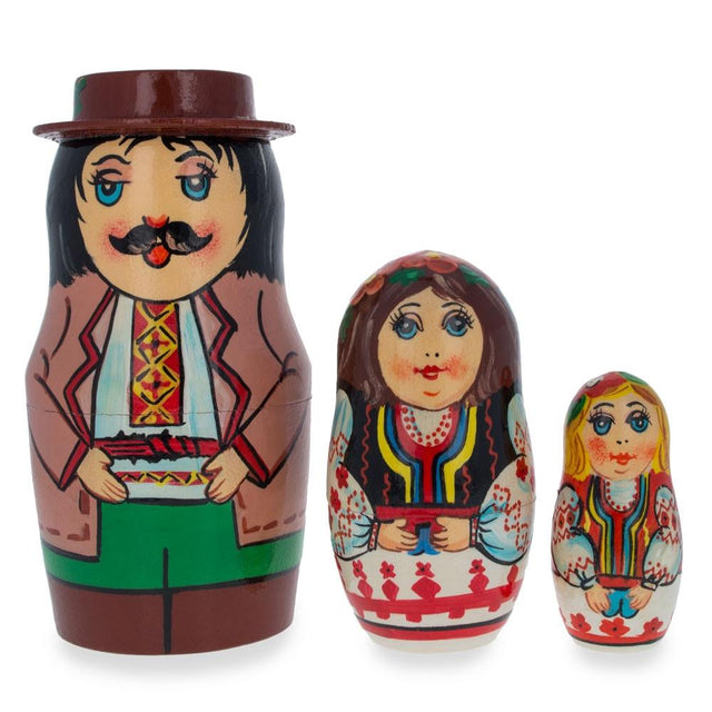 Set of 3 Ukrainian Hutsuls Family Wooden Nesting Dolls 4.5 Inches in Multi color