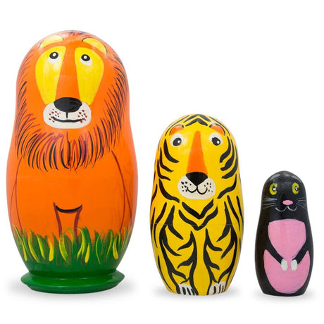 Set of 3 Lion, Tiger, Puma Wooden Nesting Dolls 4.25 Inches in Multi color,  shape