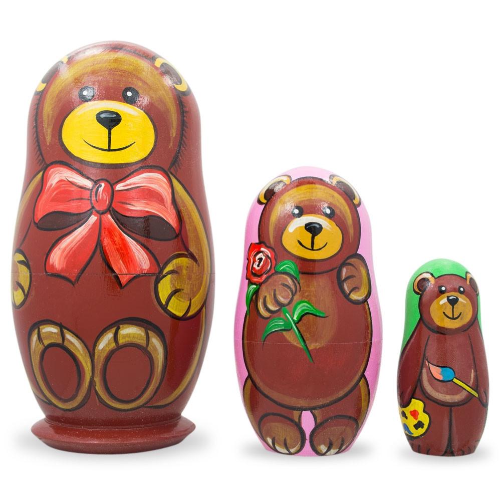 Set of 3 Bears with Rose and Bow Wooden Nesting Dolls 4.25 Inches in Multi color,  shape