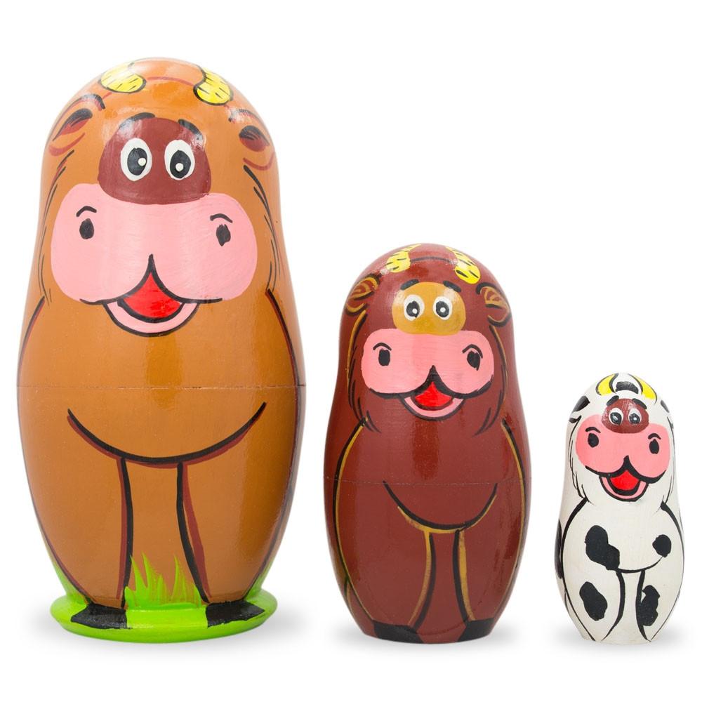 Set of 3 Cows Wooden Nesting Dolls 4.25 Inches in Multi color,  shape