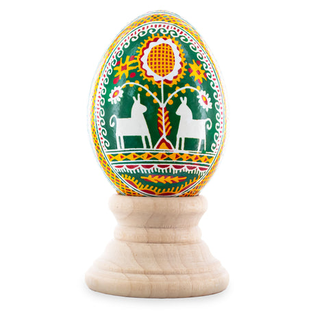 Horses on Green Authentic Blown Real Eggshell Ukrainian Easter Egg Pysanka in Red color, Oval shape