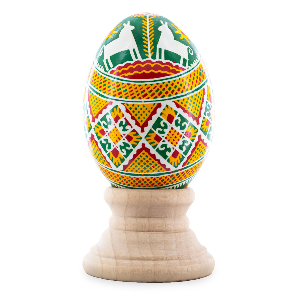 Horses on Green Spiral Authentic Blown Real Eggshell Ukrainian Easter Egg Pysanka in Red color Oval