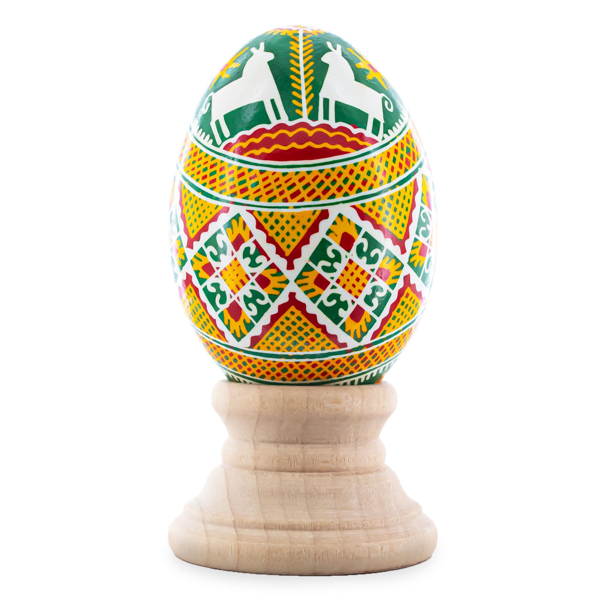 Horses on Green Spiral Authentic Blown Real Eggshell Ukrainian Easter Egg Pysanka in Red color Oval