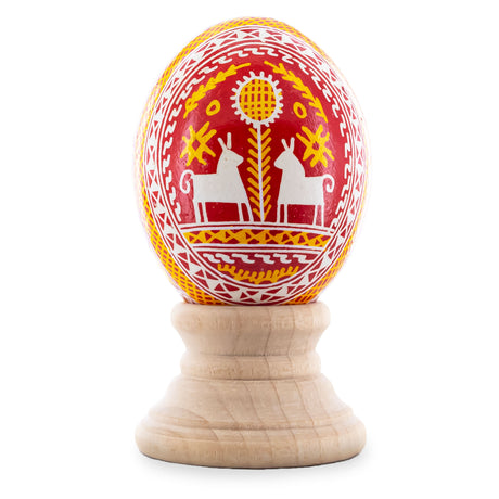 Horses by the Tree on Red Authentic Blown Real Eggshell Ukrainian Easter Egg Pysanka in Red color, Oval shape