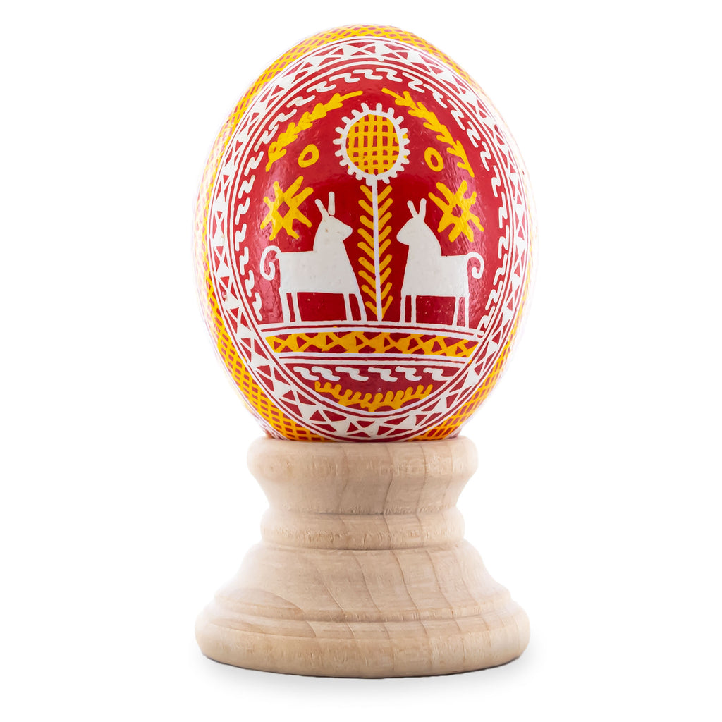 Horses by the Tree on Red Authentic Blown Real Eggshell Ukrainian Easter Egg Pysanka in Red color Oval