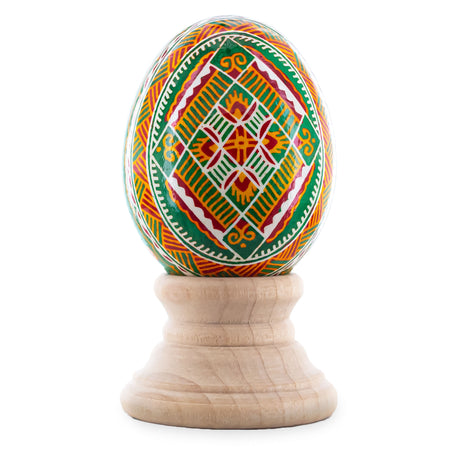Geometrical Green Authentic Blown Real Eggshell Ukrainian Easter Egg Pysanka in Red color, Oval shape