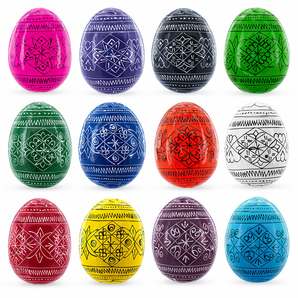Set of 12 Multicolored Hand Painted Ukrainian Wooden Easter Eggs 2.5 Inches in Multi color Oval