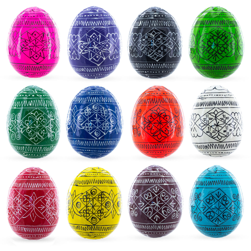 Set of 12 Multicolored Hand Painted Ukrainian Wooden Easter Eggs 2.5 Inches in Multi color Oval