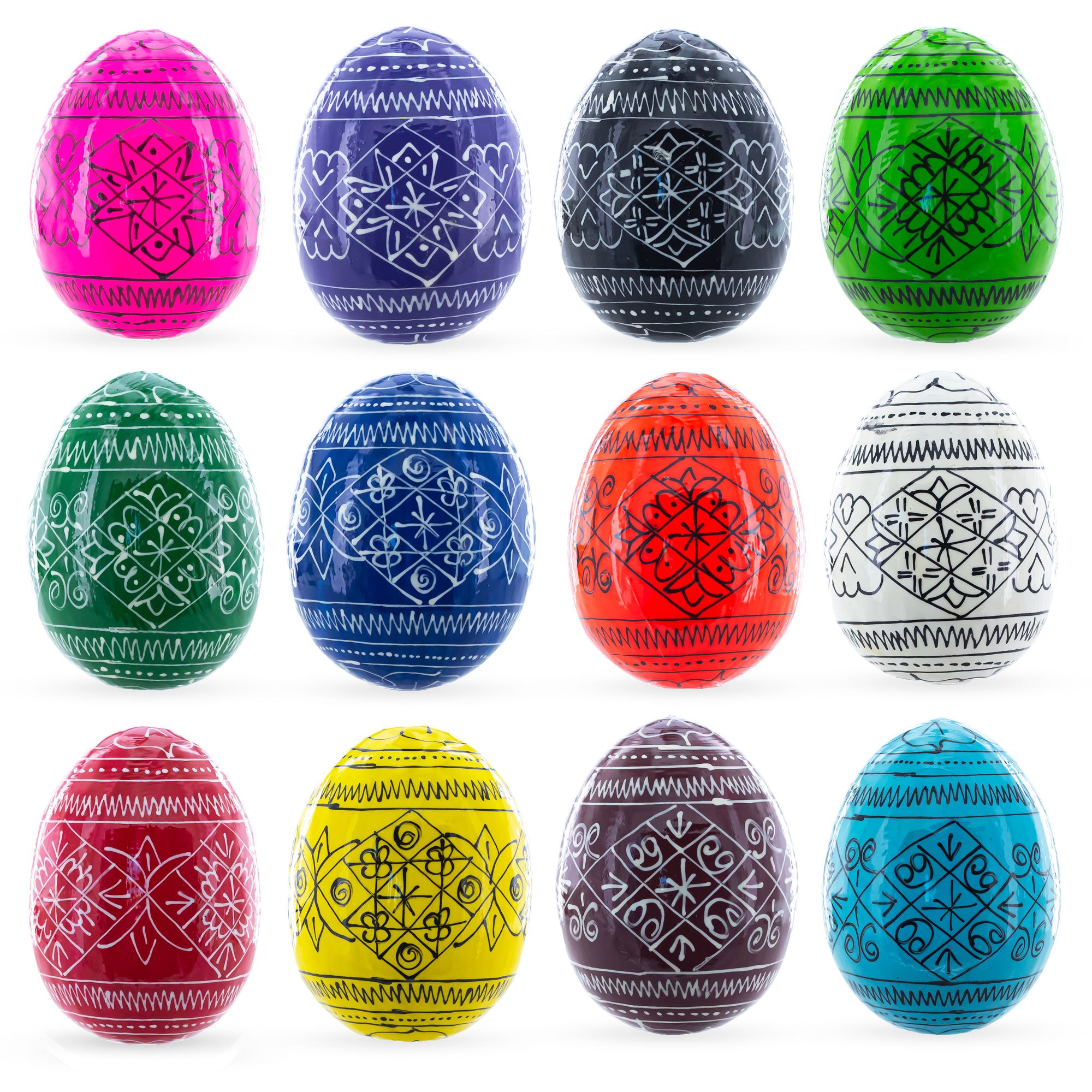 Set of 12 Multicolored Hand Painted Ukrainian Wooden Easter Eggs 2.5 Inches in Multi color Oval