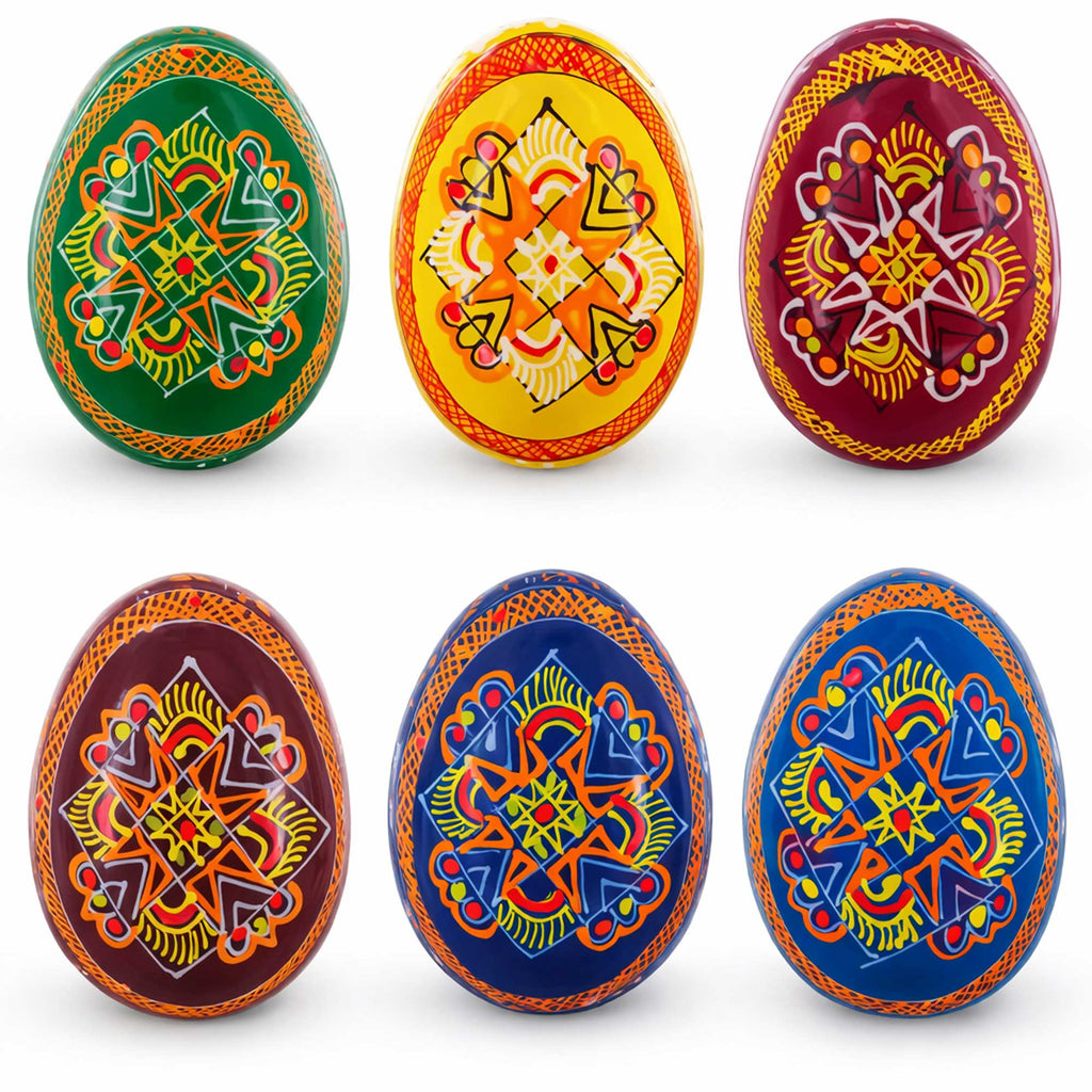 Set of 6 Folk Art Patterns Wooden Ukrainian Easter Eggs 2.5 Inches in Multi color Oval