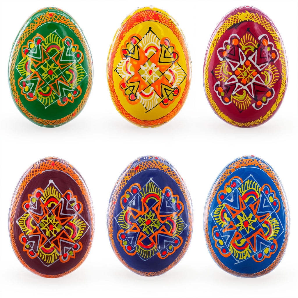 Set of 6 Folk Art Patterns Wooden Ukrainian Easter Eggs 2.5 Inches in Multi color Oval