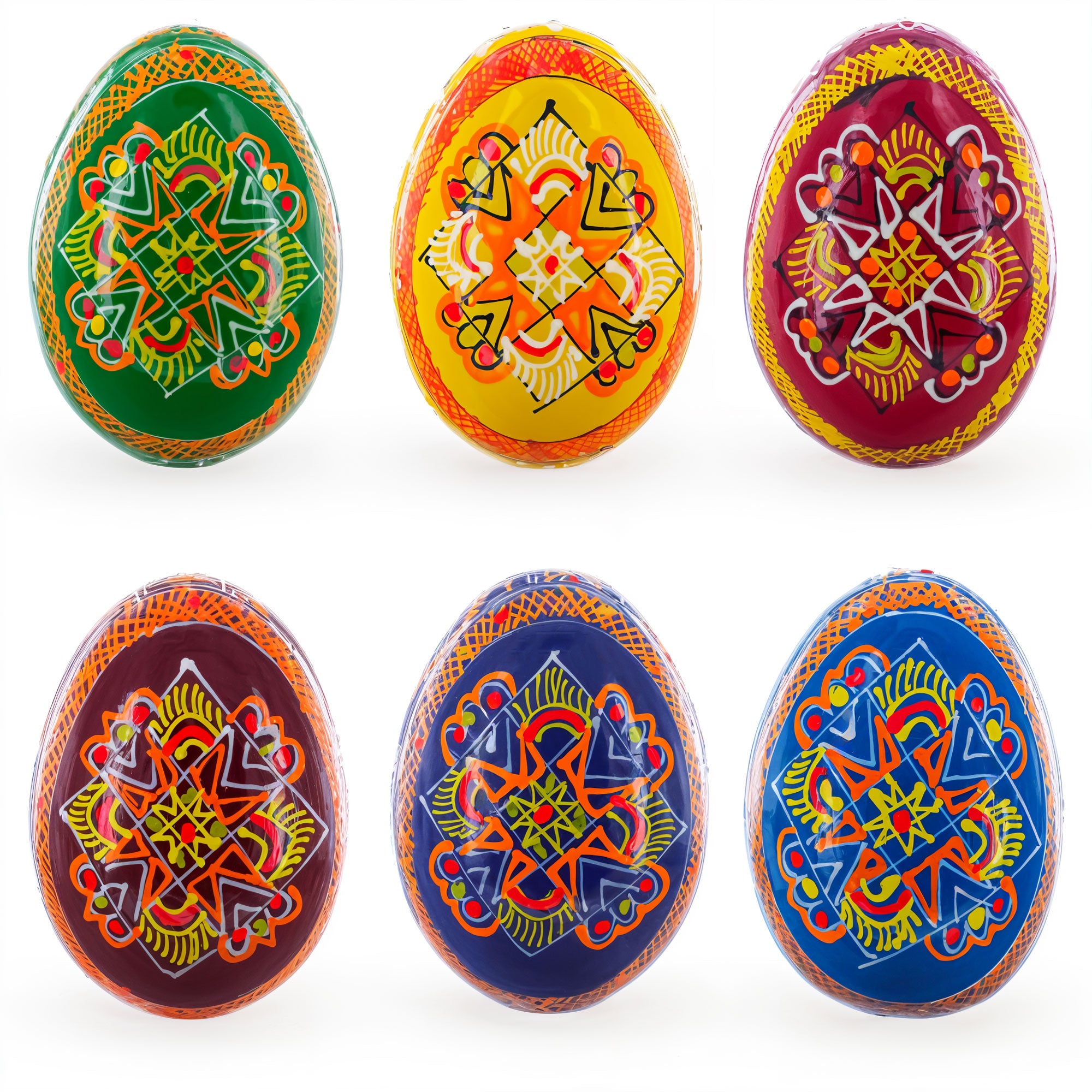 Set of 6 Folk Art Patterns Wooden Ukrainian Easter Eggs 2.5 Inches in Multi color Oval