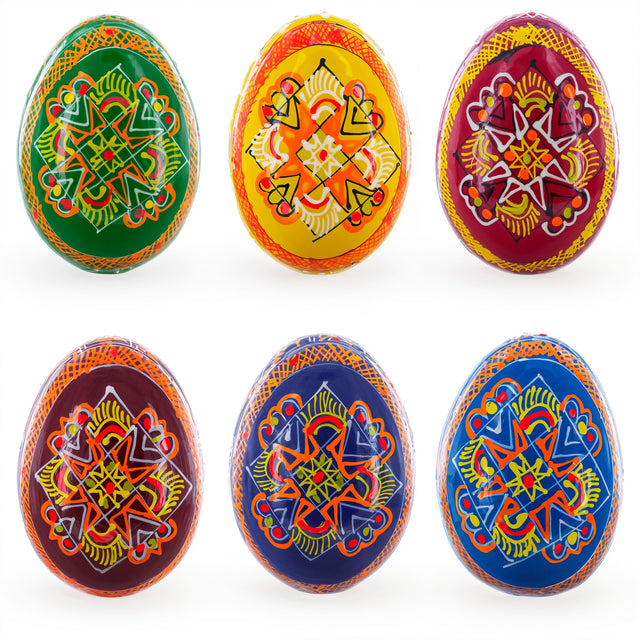 Set of 6 Folk Art Patterns Wooden Ukrainian Easter Eggs 2.5 Inches in Multi color Oval