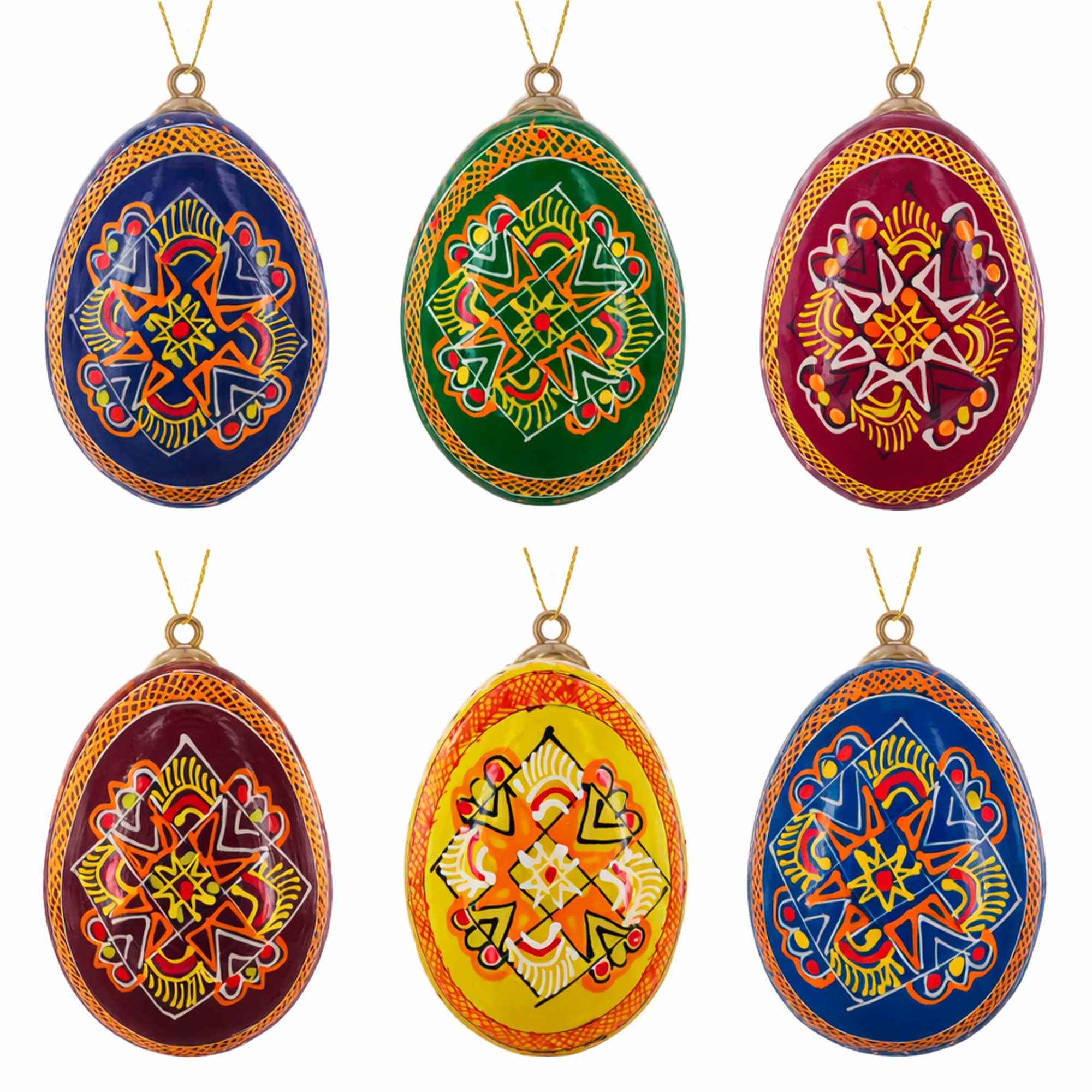 Set of 6 Ukrainian Wooden Easter Egg Ornaments 2.5 Inches in Multi color Oval