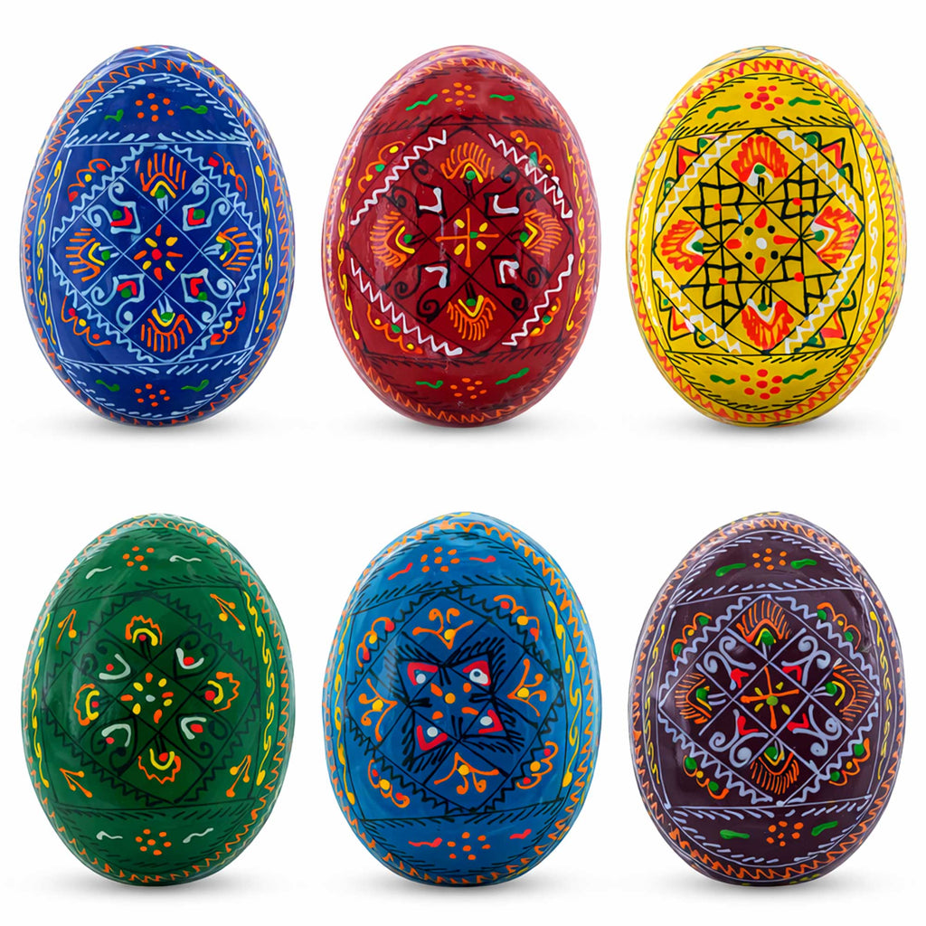 Set of 6 Traditional Ukrainian Pysanky Wooden Easter Eggs 2.5 Inches in Multi color Oval