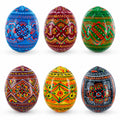 Set of 6 Geometric Pysanky Ukrainian Wooden Easter Eggs 2.5 Inches in Multi color Oval