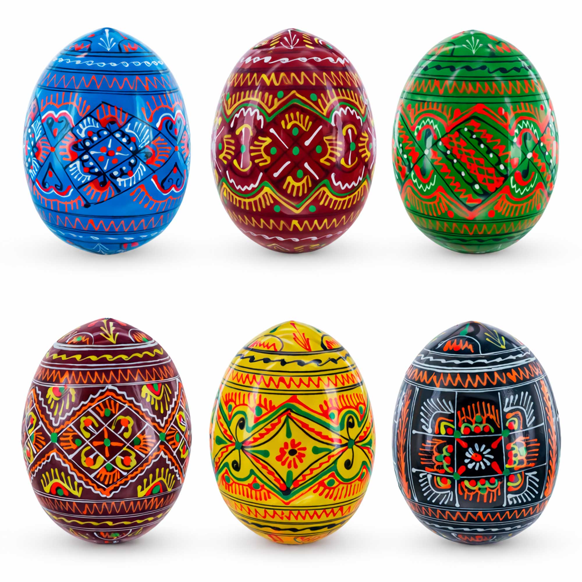 Set of 6 Geometric Pysanky Ukrainian Wooden Easter Eggs 2.5 Inches in Multi color Oval